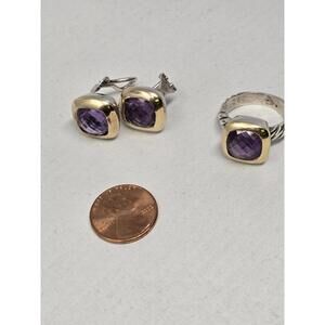 925 Sterling & 18K Gold Amethyst Ring 7.5 + Earrings Set